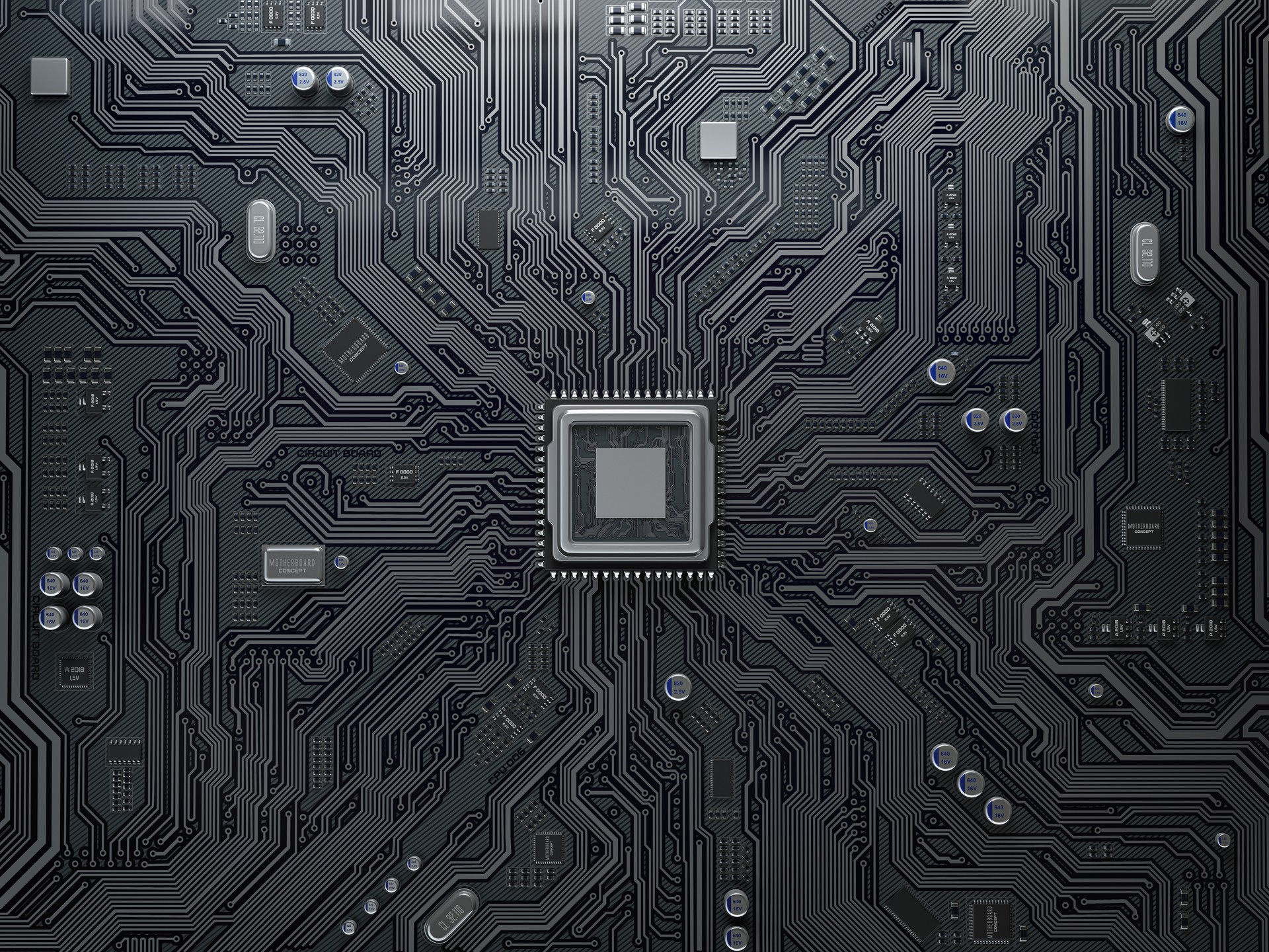 PU chip on circuit board. Black motherboard with central processor chip. Computer hardware tecnology.